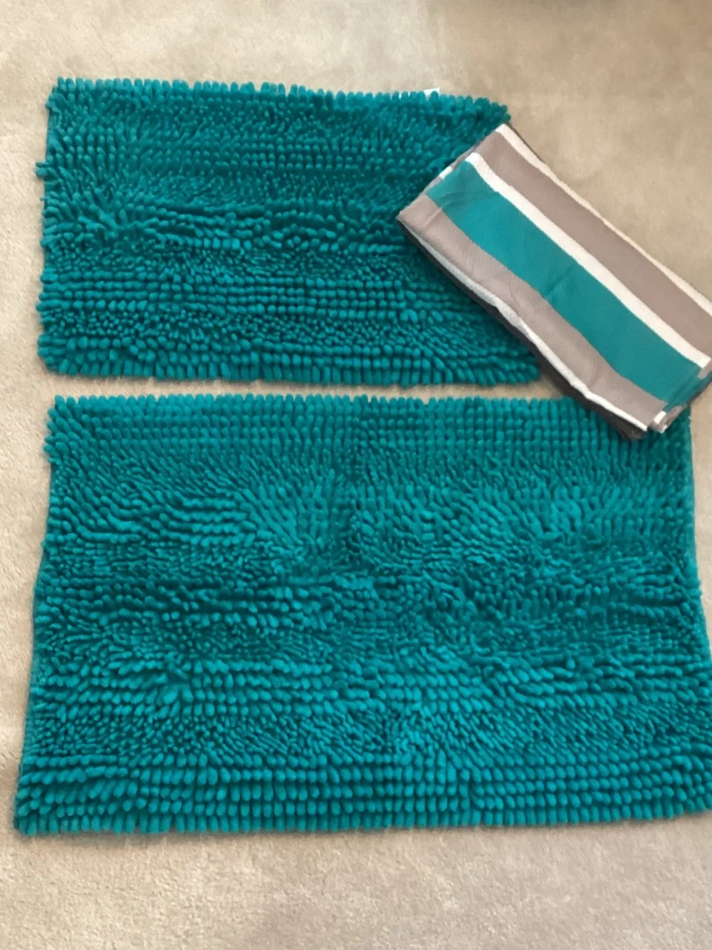 Teal Chenille Shower Curtain and Bath Rug Set